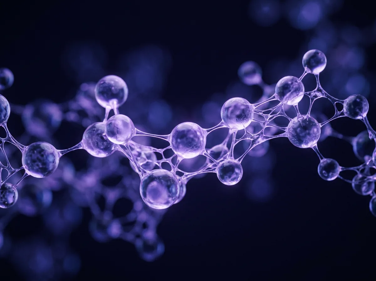 Abstract brand illustration: translucent molecular forms joined by fine strands, in violet light.