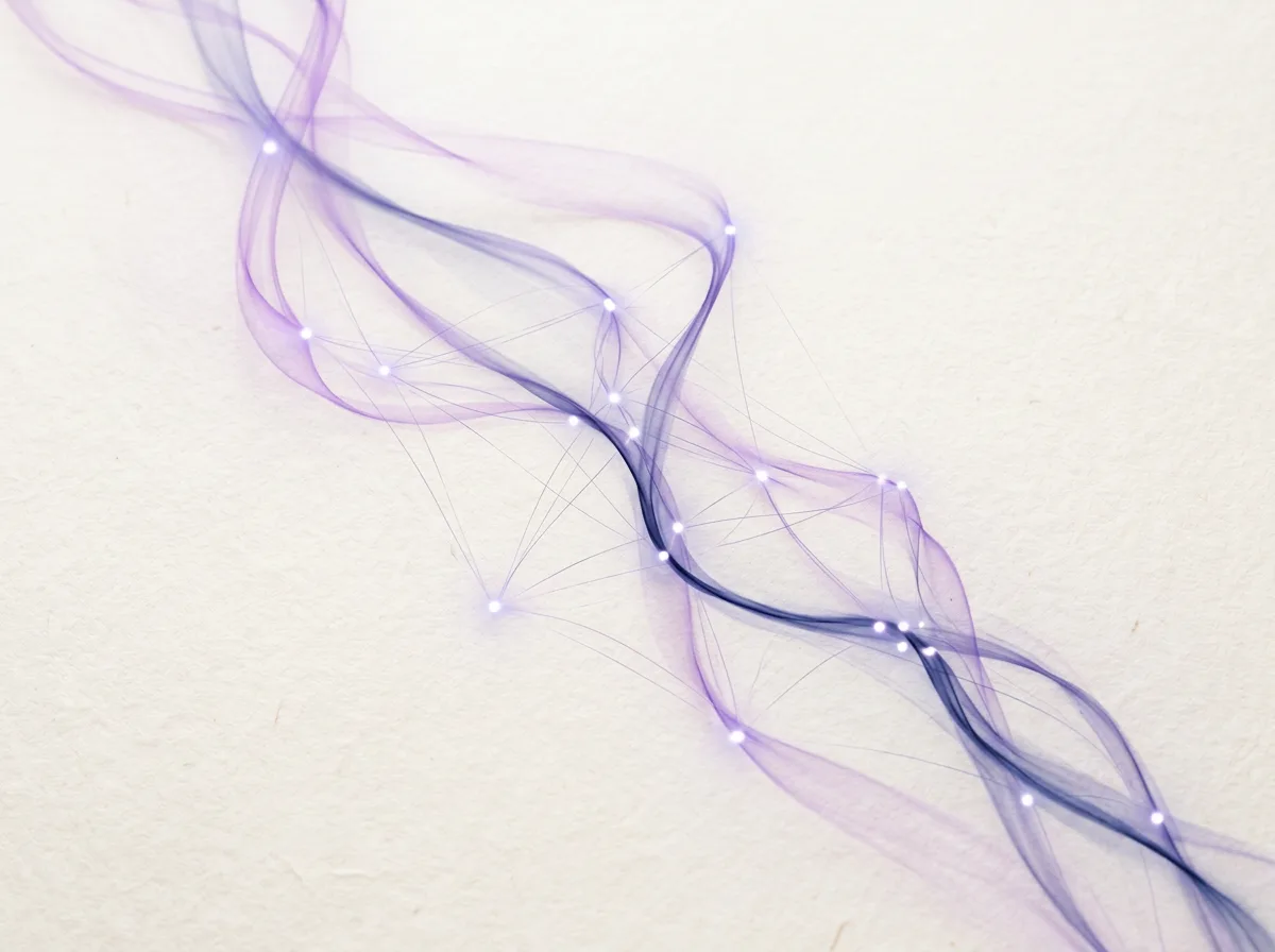 Abstract brand illustration: violet and indigo light threads joined at small bright nodes, on paper white.
